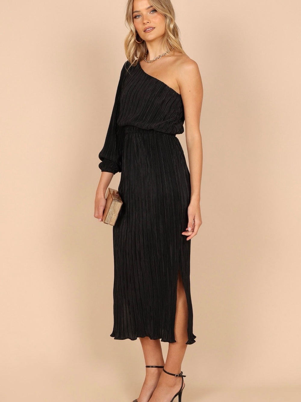 Petal and Pup One-Shoulder Black Pleated Midi Dress - Picture 3 of 10